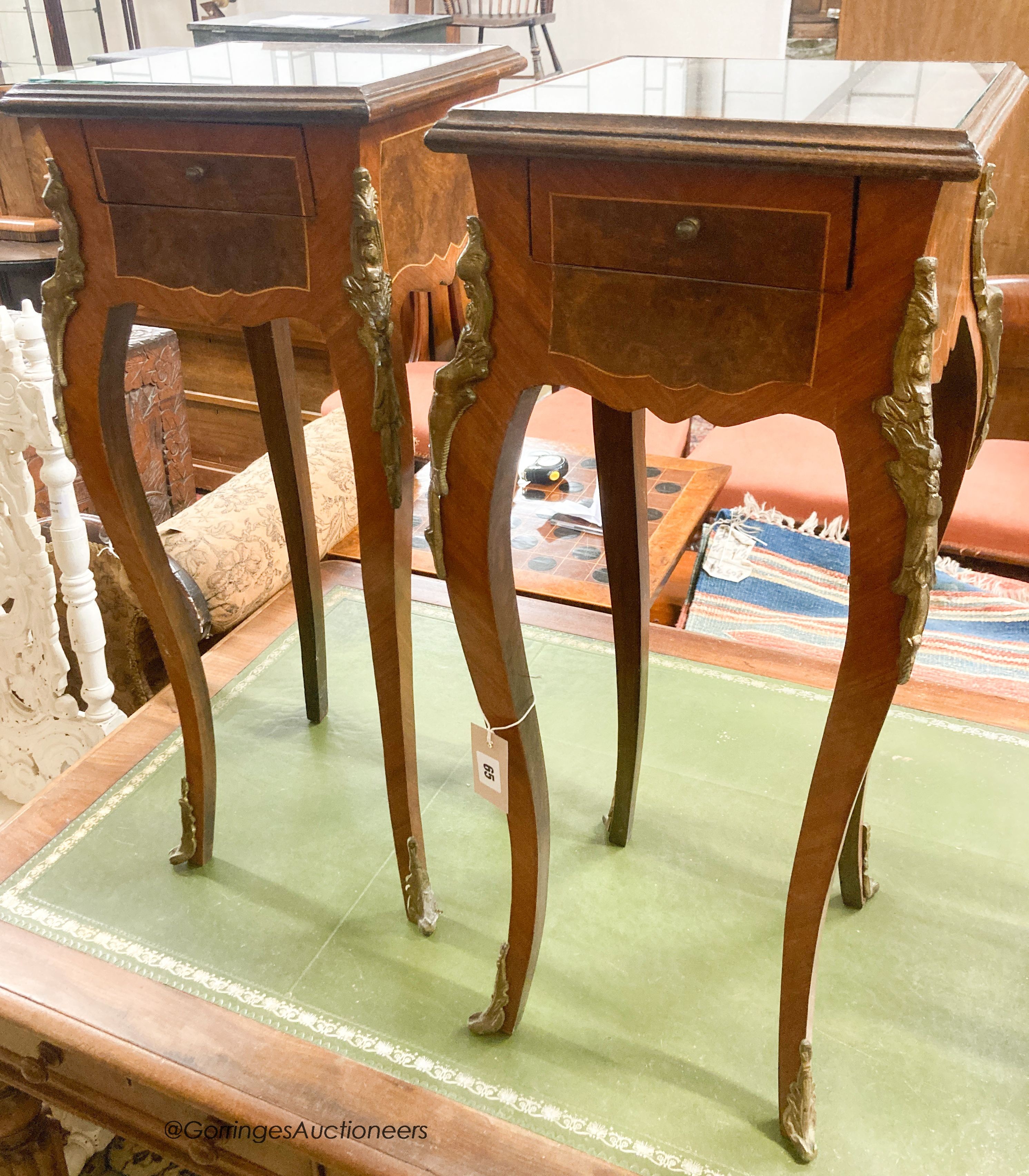 A pair of French style mahogany and walnut jardiniere stands, width 32cm, depth 32cm, height 76cm